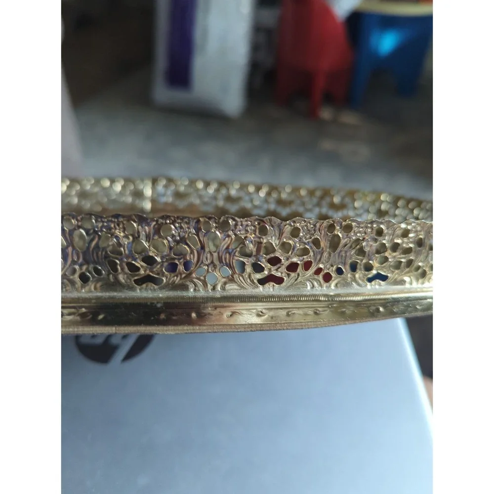 Vintage Mirrored Vanity Tray Oval Gold Filigree Ornate Hollywood Regency